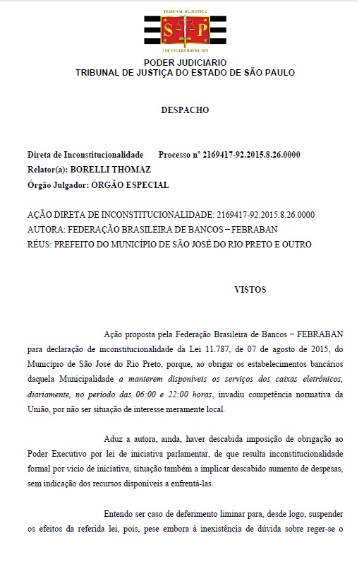 TJ entendeu que Câmara extrapolou competência ao legislar sobre horário bancário